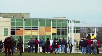 Outside the damaged Columbine cafeteria