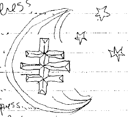 Drawing of a moon with three-tiered cross and stars by Dylan Klebold