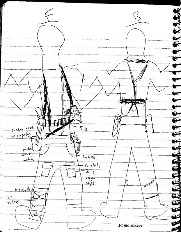 Front & back drawing of Dylan Klebold's outfit he planned to wear to Columbine