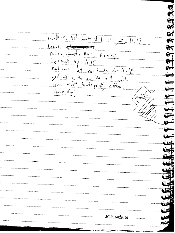 Dylan Klebold writes out a brief timeline of the planned attack
