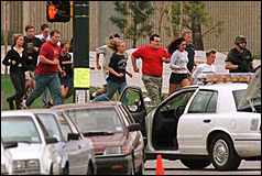 Students and teachers escape from Columbine High School